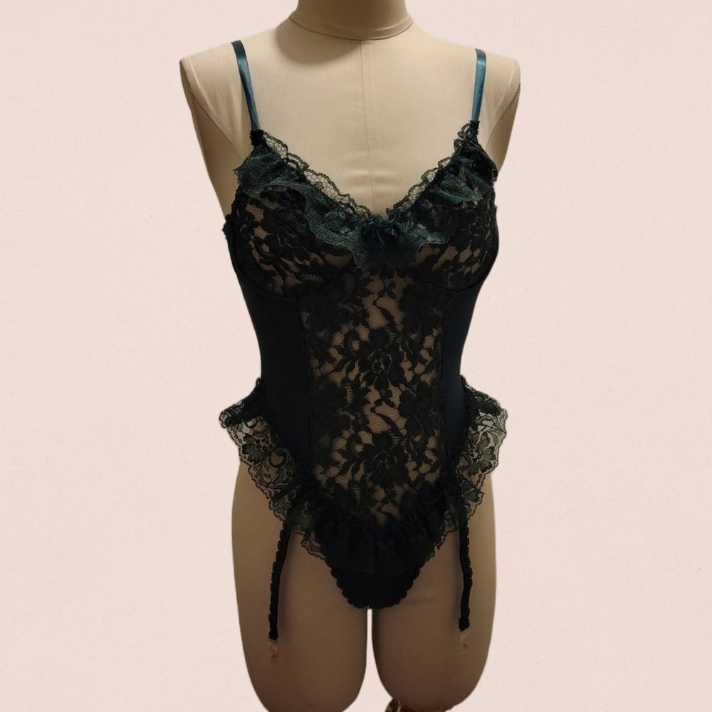 Vintage Hunter Green Lace Trim Teddi Lingerie